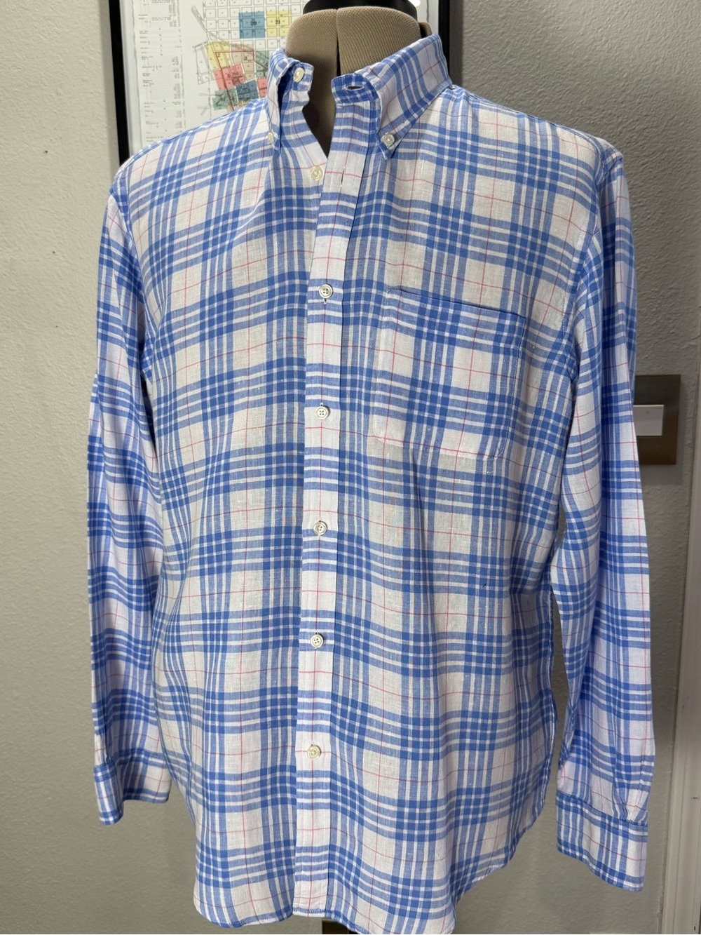 Brooks Brothers linen Blue and White Plaid Button-Down Shirt